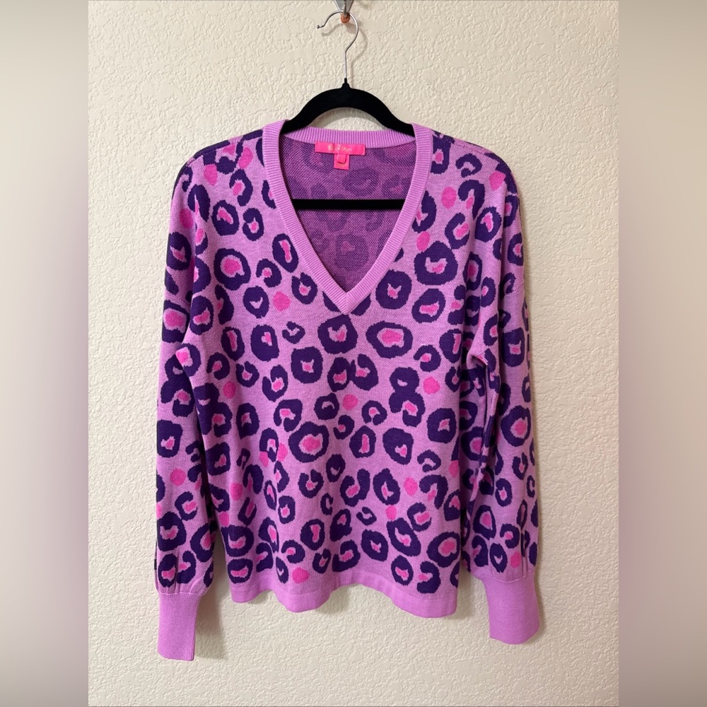 Lilly‎ Pulitzer Pink Purple Leopard V-Neck Sweater Sz L Preppy Swifty Designer